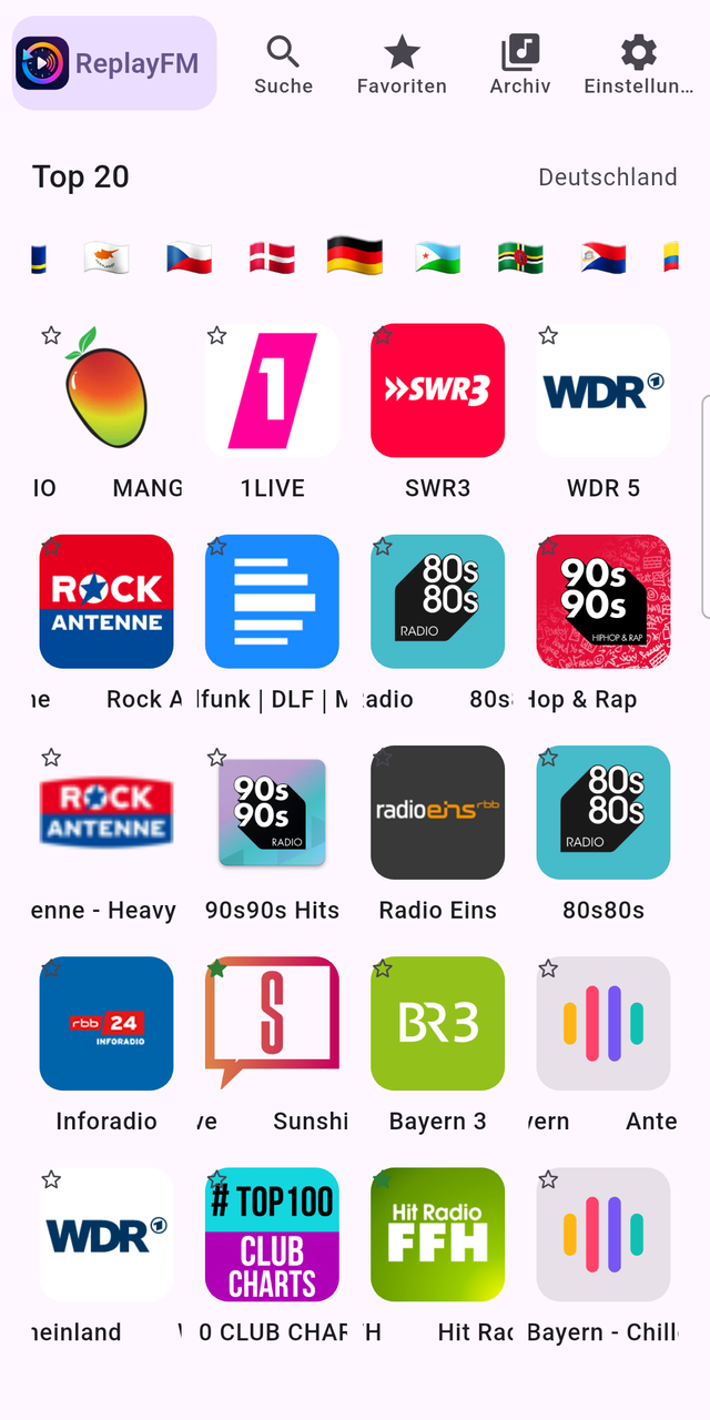 ReplayFM-Startseite mit Top 20 und Länderauswahl