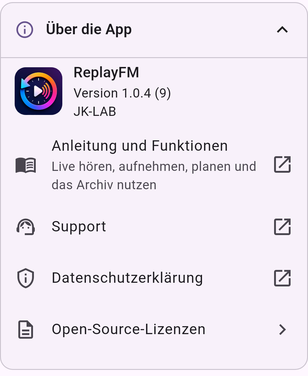 ReplayFM Einstellungen mit Anleitung und Support im Bereich Über die App