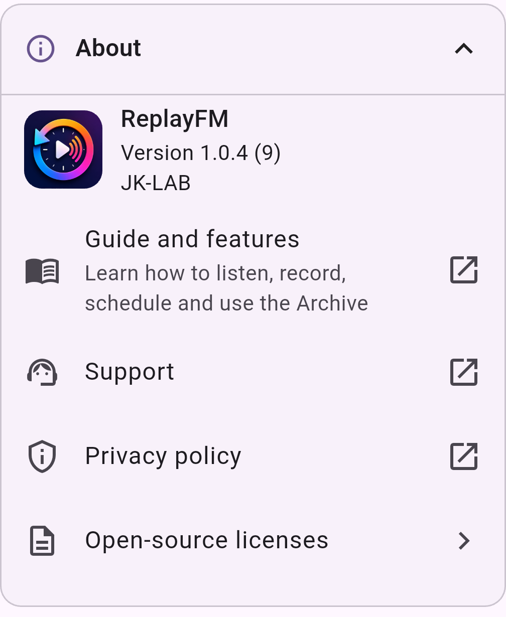ReplayFM Settings with Guide and Support in the About section